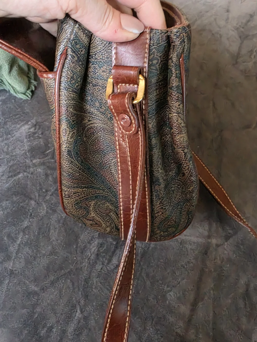 Paisley-Print Crossbody with Brown Leather Trim and Gold Plaque